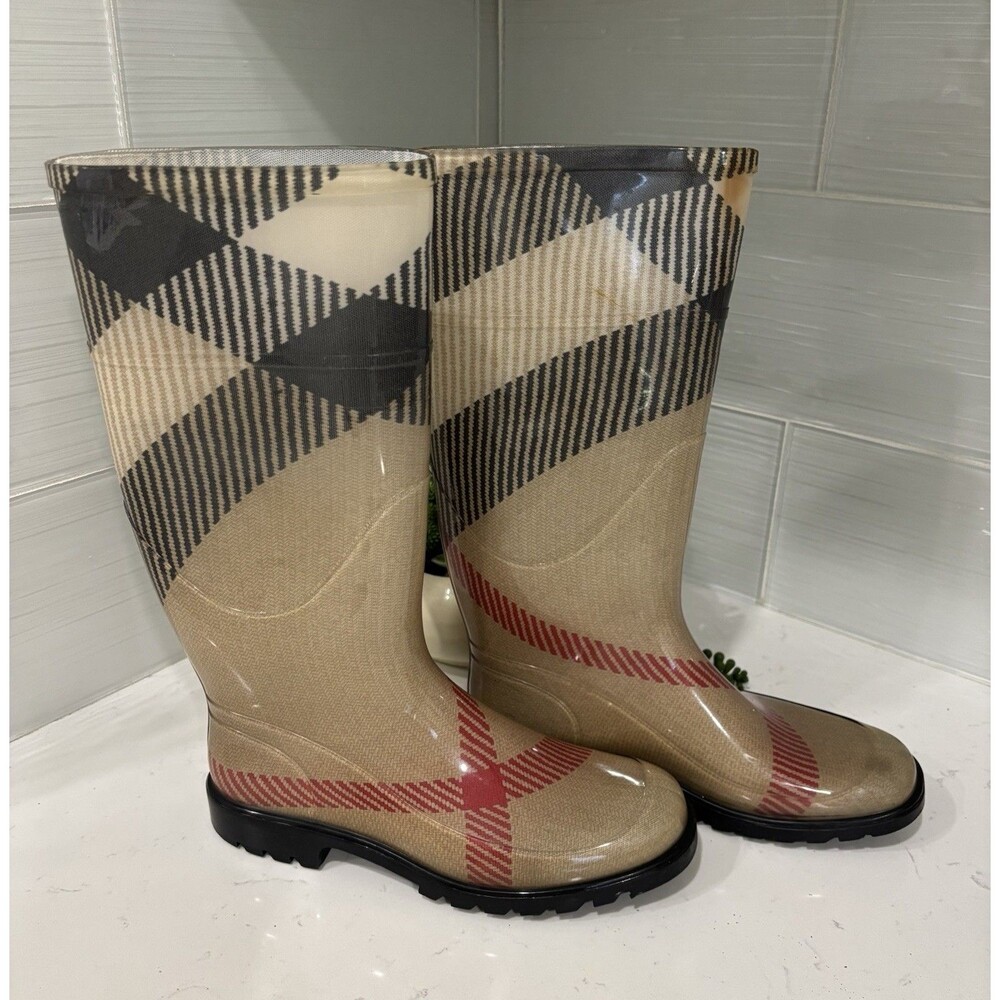 Burberry Vintage Nova Check Clear PVC Rain Boots Tall Waterproof Size EU 37 US 7
